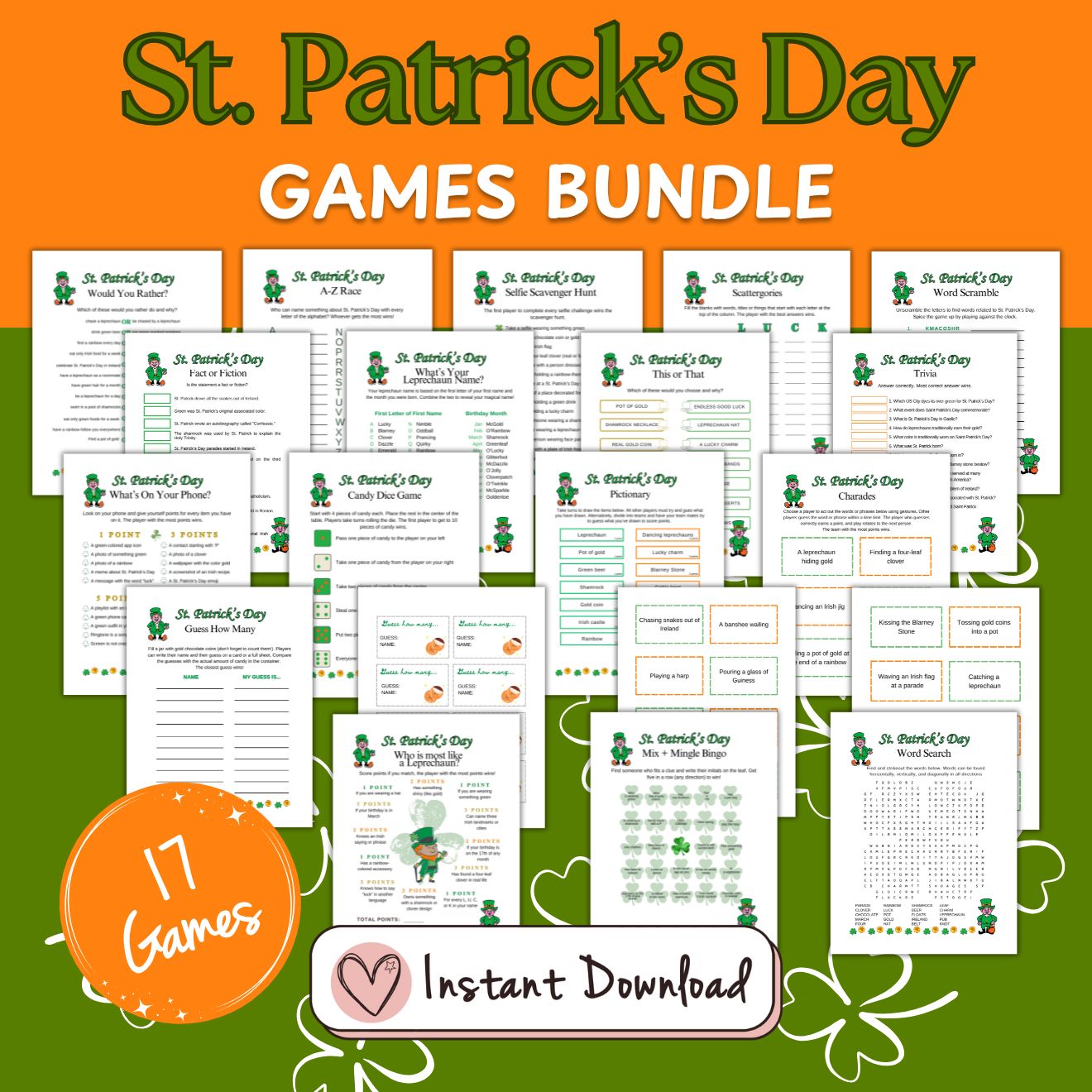 St. Patrick's Day Printable Games Bundle of 17 fun games and activities