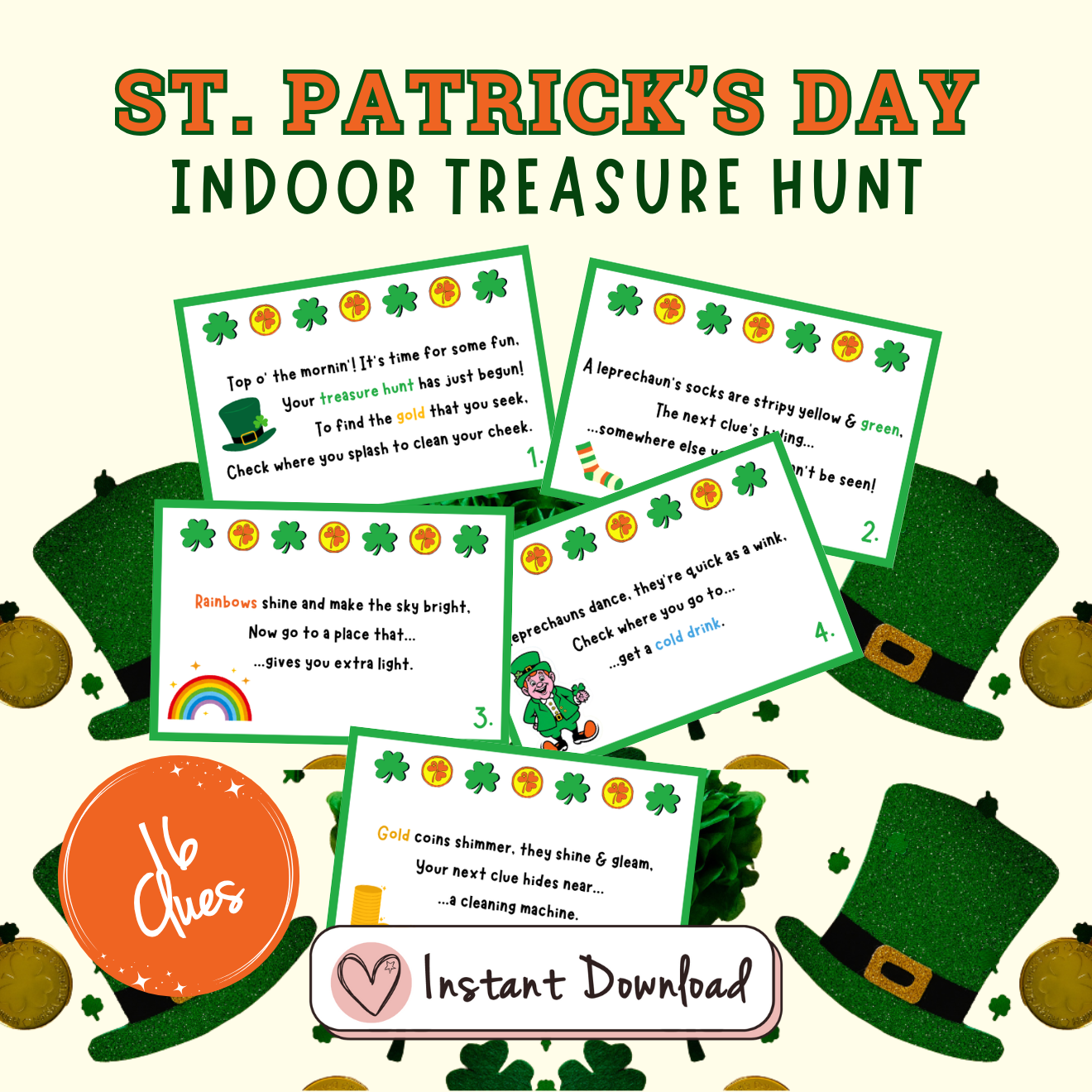 St. Patrick's Day Indoor Treasure Hunt For Kids: 16 Clue Cards