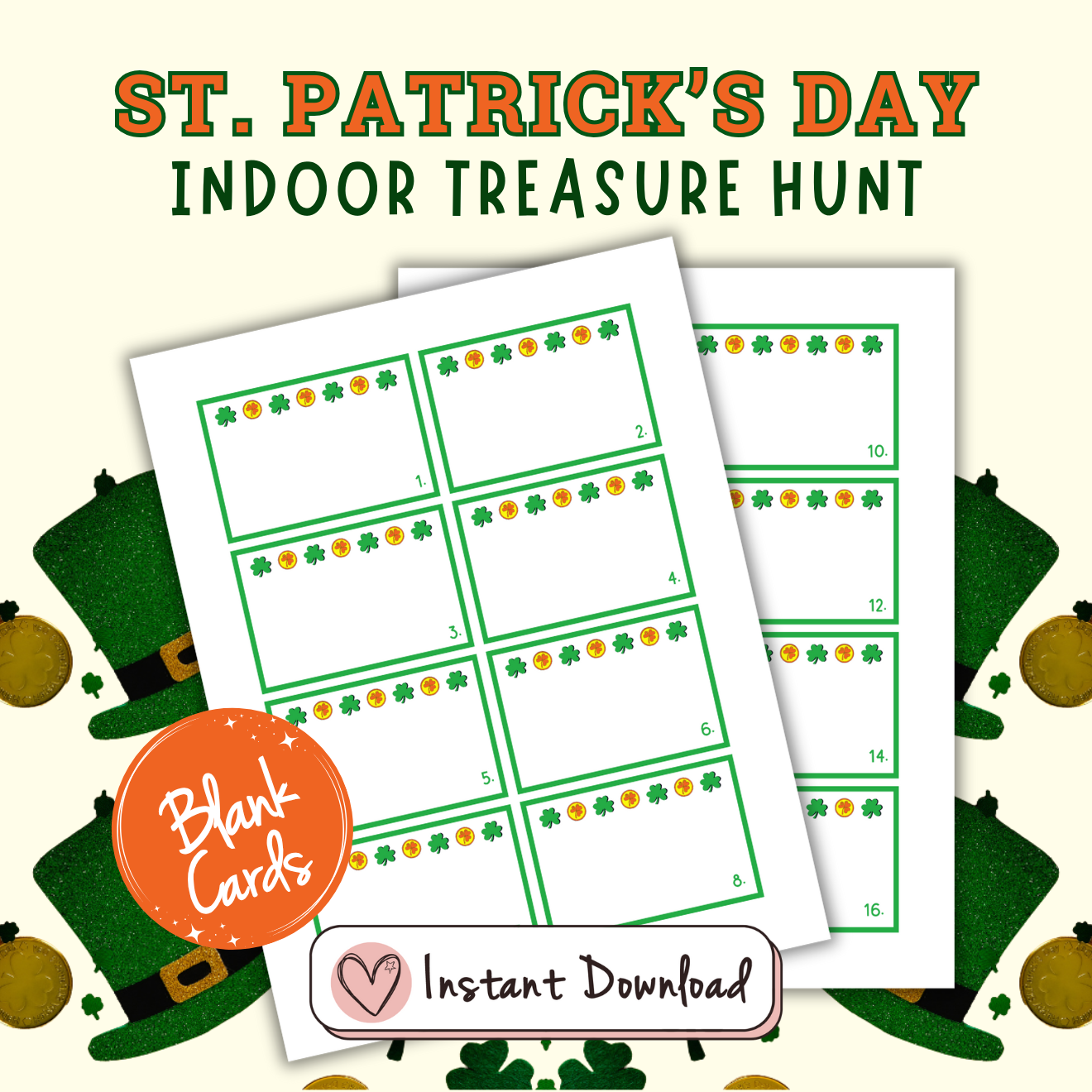 St. Patrick's Day Indoor Treasure Hunt For Kids: 16 Clue Cards