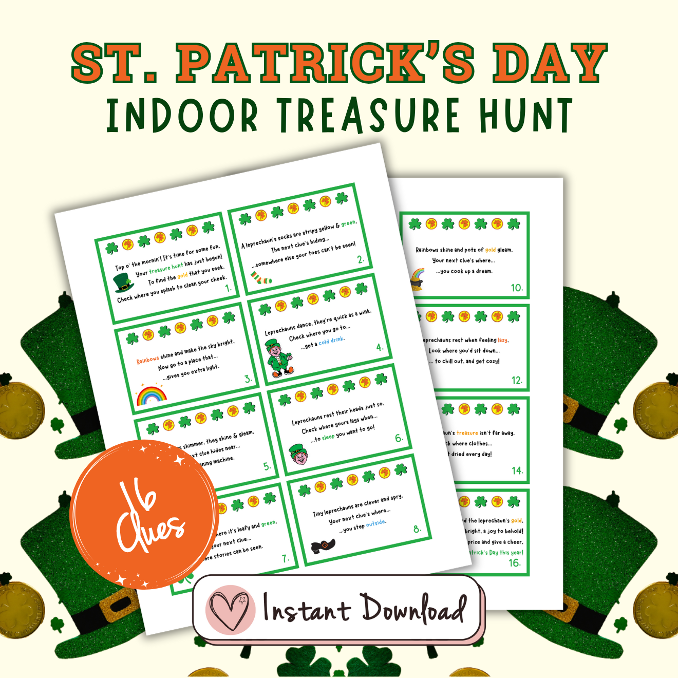 St. Patrick's Day Indoor Treasure Hunt For Kids: 16 Clue Cards