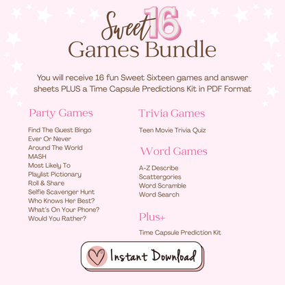 Printable Sweet 16 Party Games for Teen Girls – Pink Themed Birthday Fun