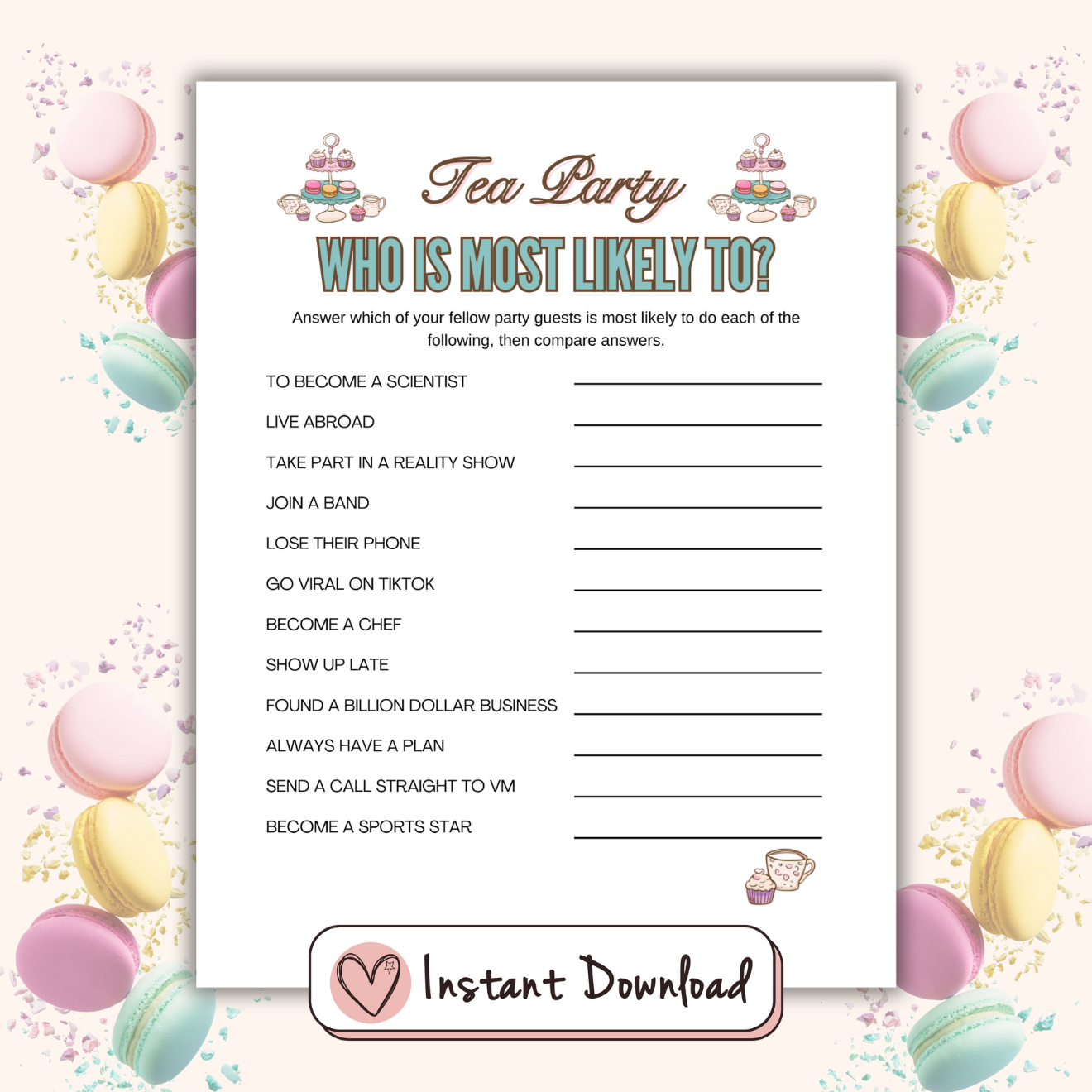 Tea party printable game Who Is Most Likely To?