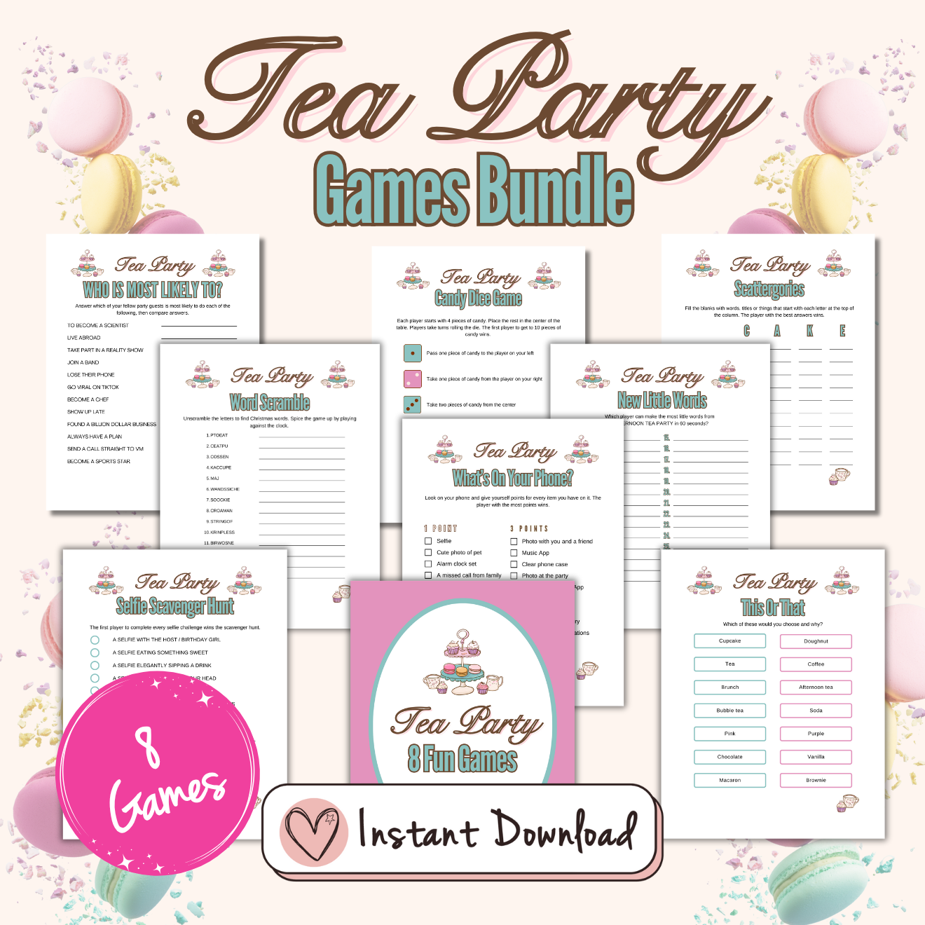 Tea party games bundle of 8 printable afternoon tea birthday party games