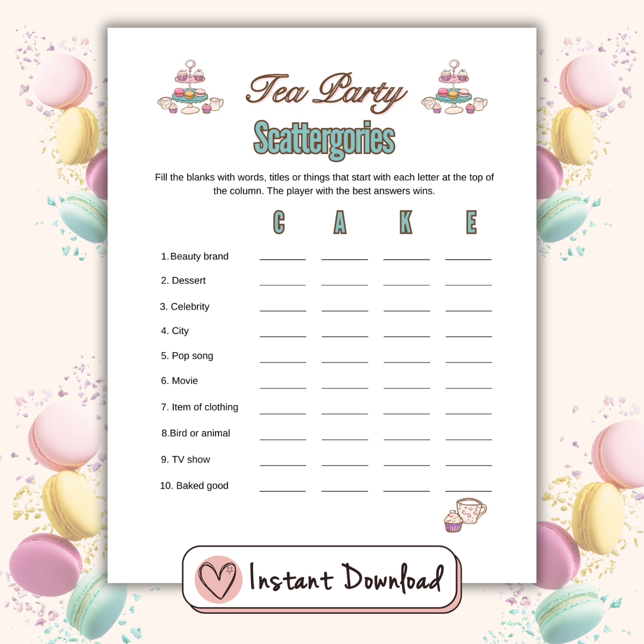 Tea party printable game Scattergories