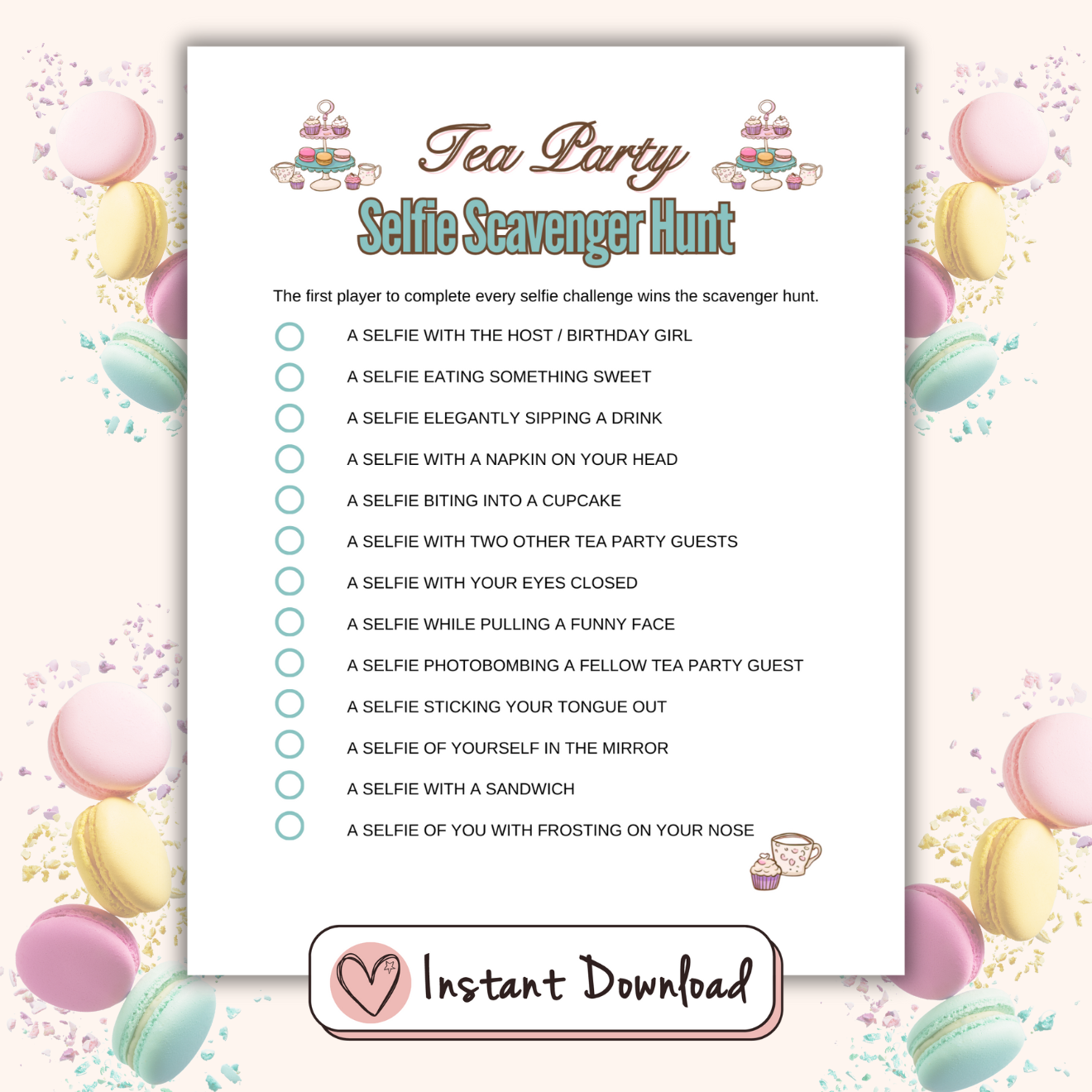Tea party printable game Selfie Scavenger Hunt