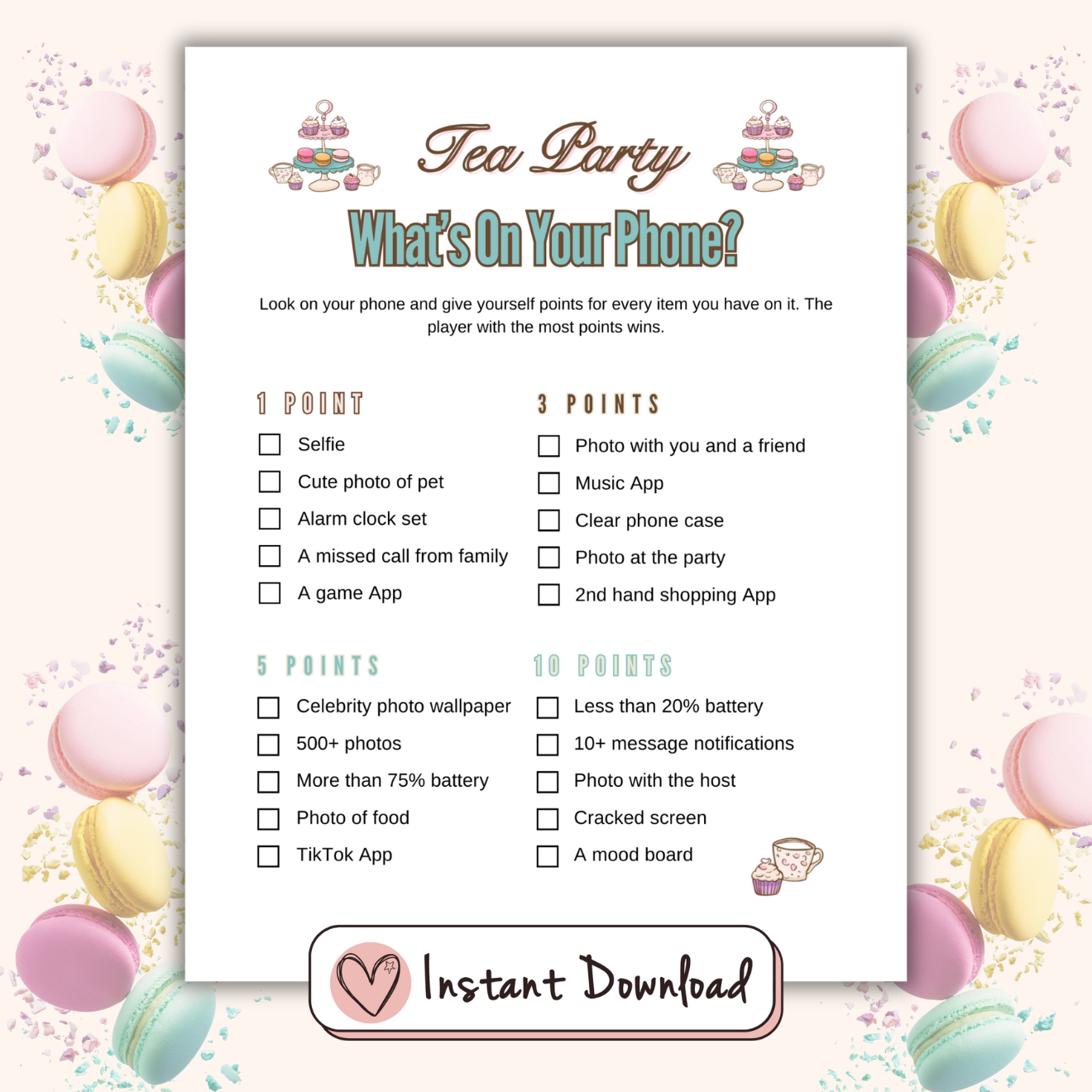 Tea party printable game What's on Your Phone game