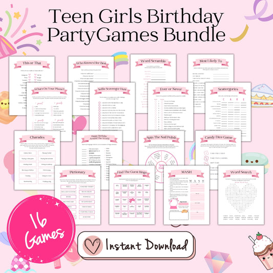 16 printable birthday party games for teen girls, This or that, who knows her best, word scramble, Most Likely To, What's On Your Phone, Selfie Scavenger Hunt, Ever or Never, Scattergories, Charades prompts, Pictionary Prompts, Happy Birthday Around The World Trivia quiz, Spin the nail polish, Candy dice game, Find The Guest bingo, MASH, Word Search (heart shaped word grid)