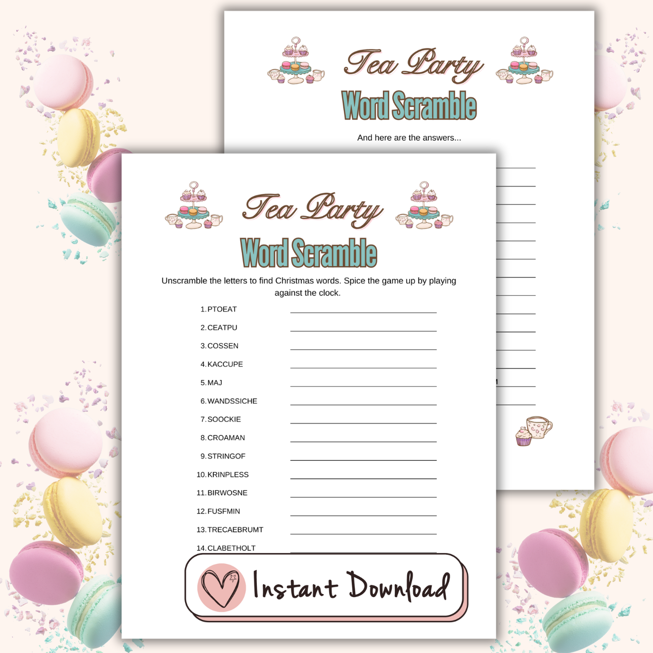 Tea party printable game Word Scramble
