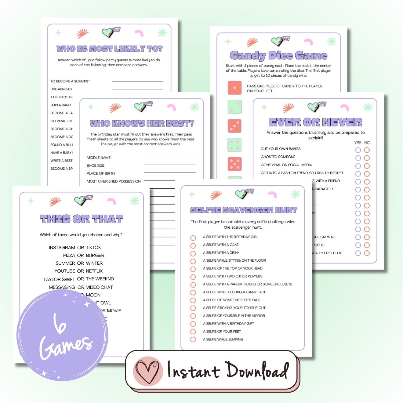 6 x Party Games For Teen Girls -  6 x Party Games For Teen Girls - Big Heart Little Star -  - 