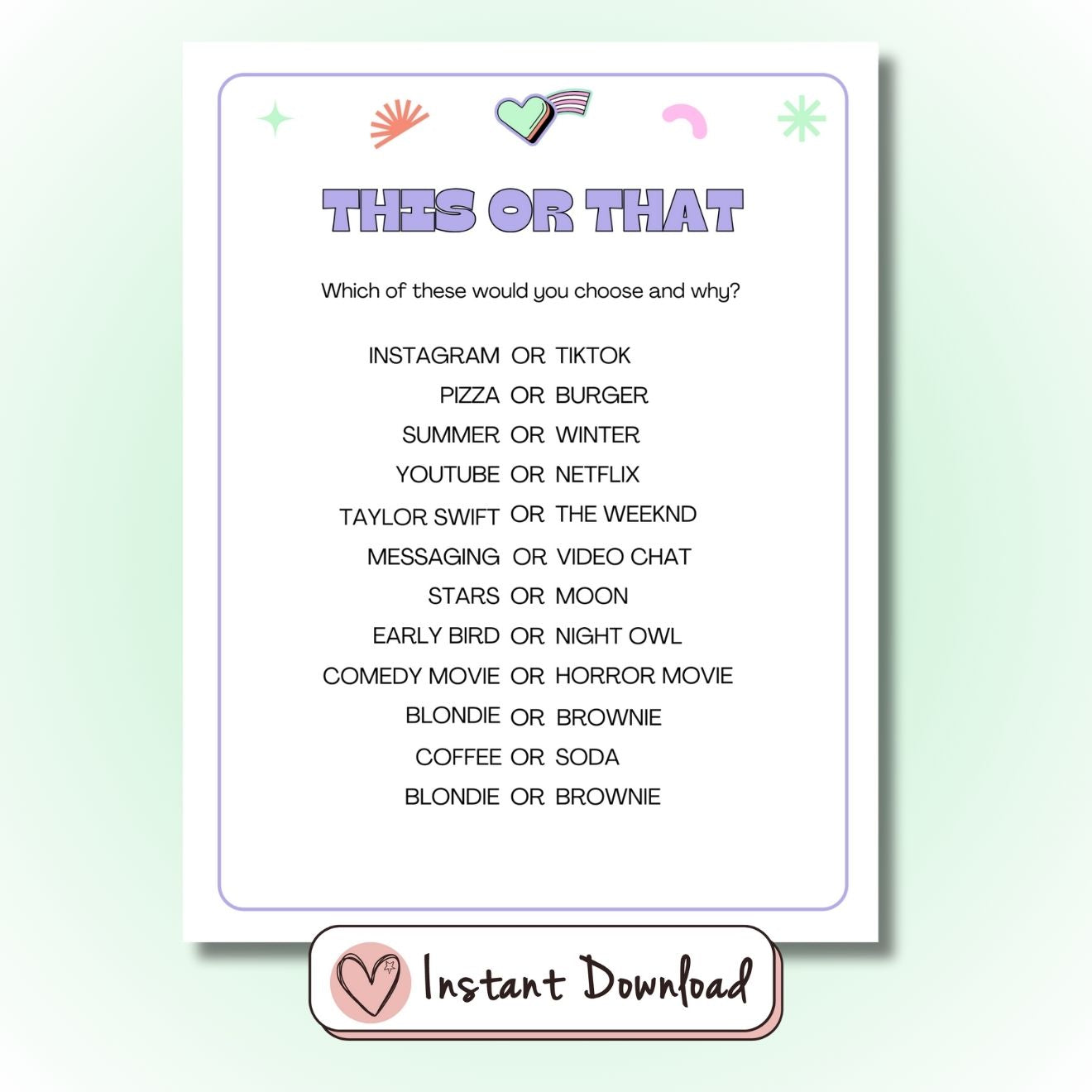 This Or That Printable Party Game For Teens