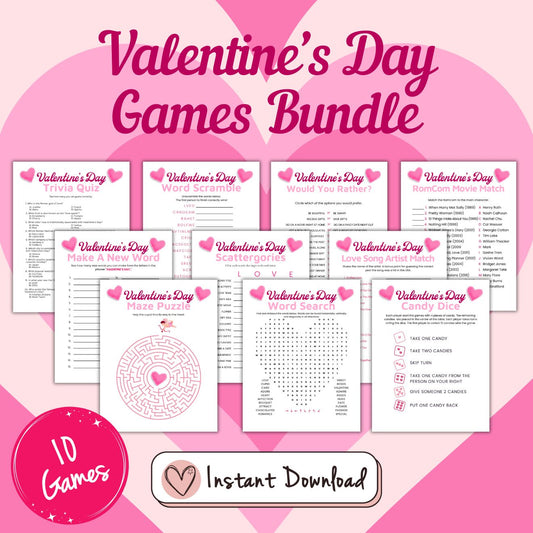 Valentine's Day Games Bundle of 10 instant download printable Valentine's Party Games: Would You Rather?
RomCom Movie Match Quiz
Valentine's Candy Dice Game
Love Song Artist Match Quiz
Word Search
Word Scramble
Valentine's Trivia Quiz
Scattergories
Valentine's Maze Puzzle
Make A New Word Game