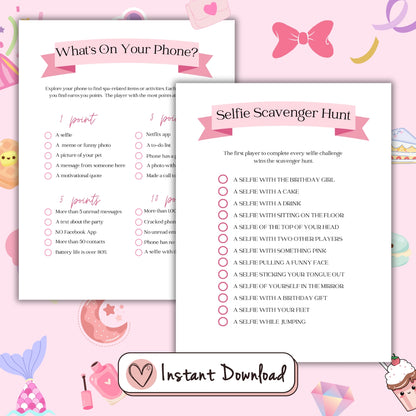 16 printable birthday party games for teen girls, This or that, who knows her best, word scramble, Most Likely To, What's On Your Phone, Selfie Scavenger Hunt, Ever or Never, Scattergories, Charades prompts, Pictionary Prompts, Happy Birthday Around The World Trivia quiz, Spin the nail polish, Candy dice game, Find The Guest bingo, MASH, Word Search (heart shaped word grid)