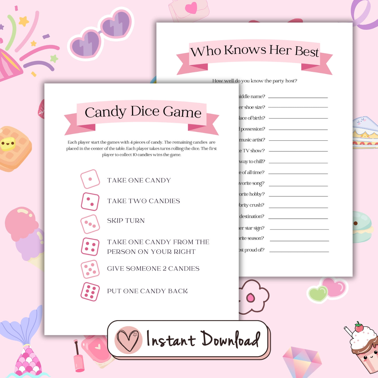 16 printable birthday party games for teen girls, This or that, who knows her best, word scramble, Most Likely To, What's On Your Phone, Selfie Scavenger Hunt, Ever or Never, Scattergories, Charades prompts, Pictionary Prompts, Happy Birthday Around The World Trivia quiz, Spin the nail polish, Candy dice game, Find The Guest bingo, MASH, Word Search (heart shaped word grid)