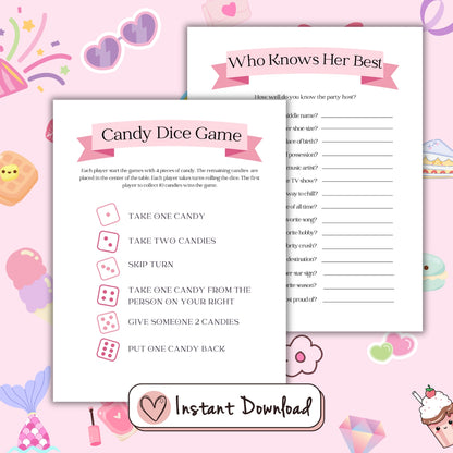 16 printable birthday party games for teen girls, This or that, who knows her best, word scramble, Most Likely To, What's On Your Phone, Selfie Scavenger Hunt, Ever or Never, Scattergories, Charades prompts, Pictionary Prompts, Happy Birthday Around The World Trivia quiz, Spin the nail polish, Candy dice game, Find The Guest bingo, MASH, Word Search (heart shaped word grid)