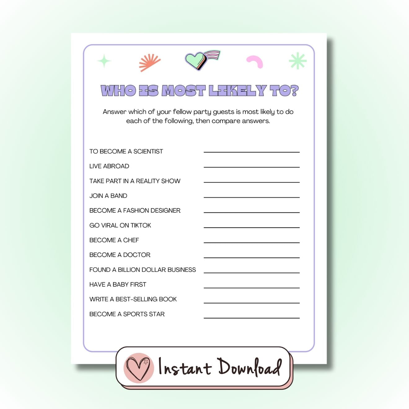 Who Is Most Likely To? printable party game for teens