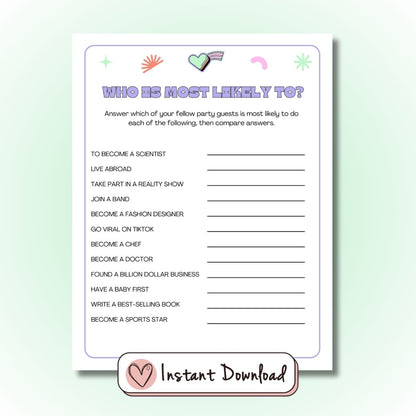 Who Is Most Likely To? printable party game for teens