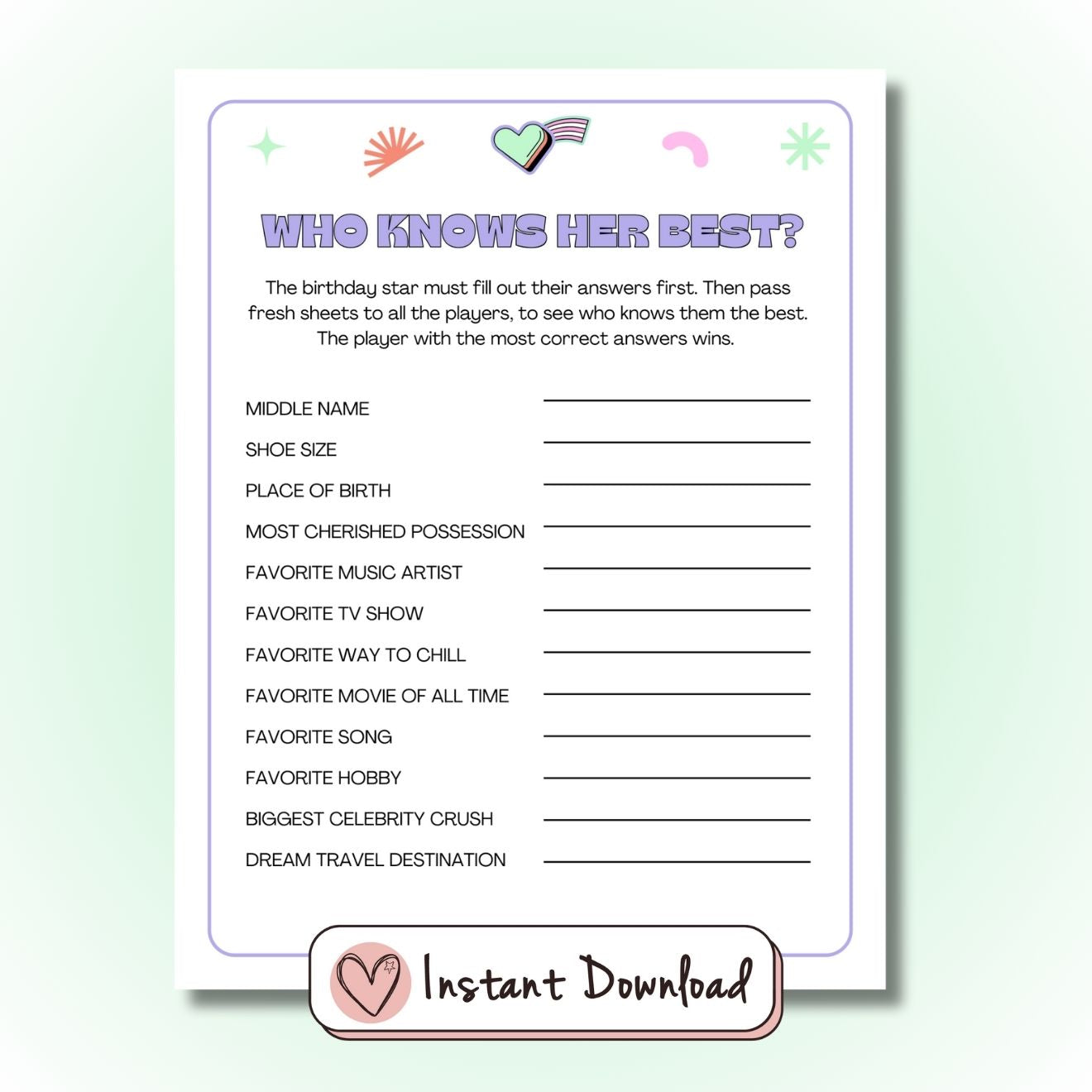 Who Knows Her best? printable party game for teens