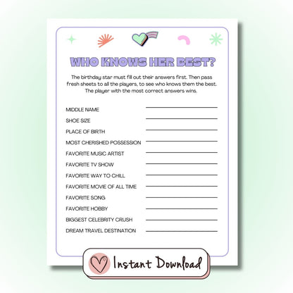 Who Knows Her best? printable party game for teens