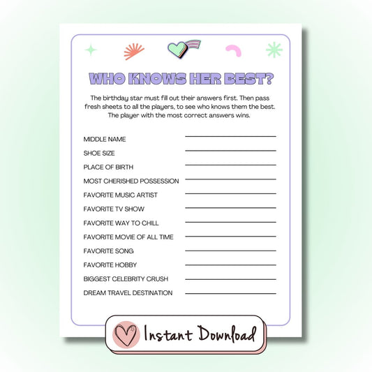 Who Knows Her best? printable party game for teens