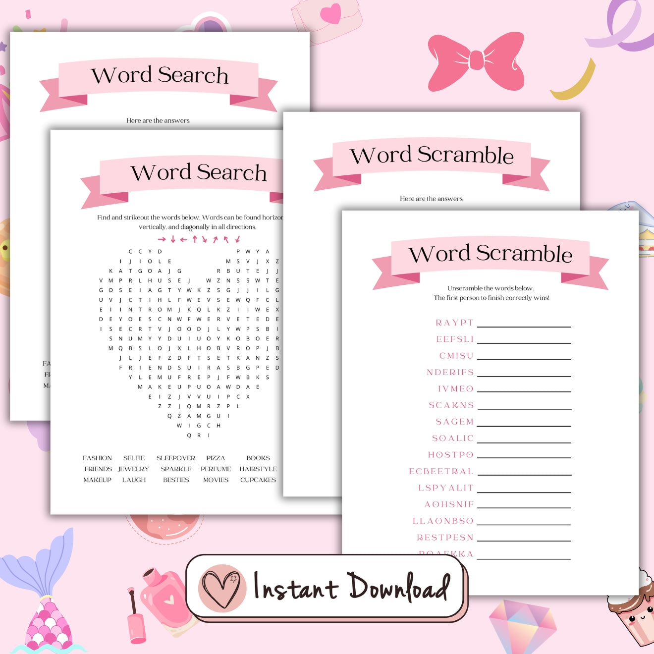 16 printable birthday party games for teen girls, This or that, who knows her best, word scramble, Most Likely To, What's On Your Phone, Selfie Scavenger Hunt, Ever or Never, Scattergories, Charades prompts, Pictionary Prompts, Happy Birthday Around The World Trivia quiz, Spin the nail polish, Candy dice game, Find The Guest bingo, MASH, Word Search (heart shaped word grid)