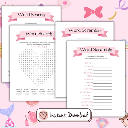 16 printable birthday party games for teen girls, This or that, who knows her best, word scramble, Most Likely To, What's On Your Phone, Selfie Scavenger Hunt, Ever or Never, Scattergories, Charades prompts, Pictionary Prompts, Happy Birthday Around The World Trivia quiz, Spin the nail polish, Candy dice game, Find The Guest bingo, MASH, Word Search (heart shaped word grid)