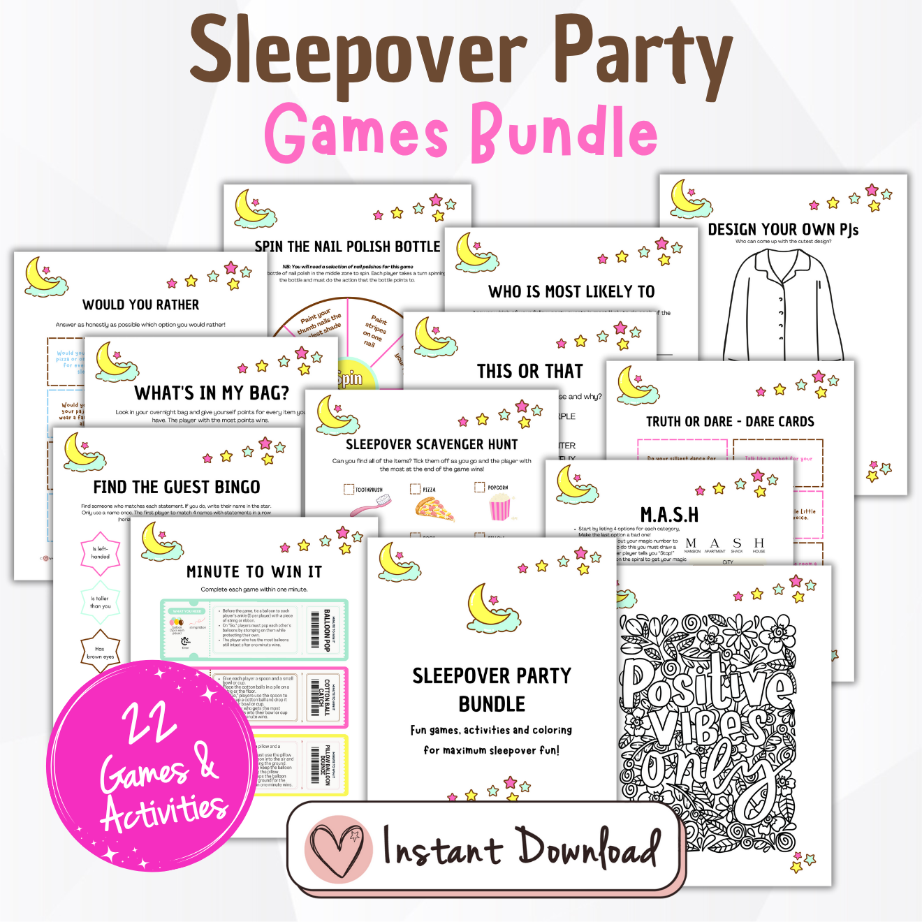 Sleepover party games bundle for kids, 22 sleepover games and activities