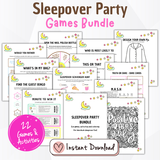 Sleepover party games bundle for kids, 22 sleepover games and activities