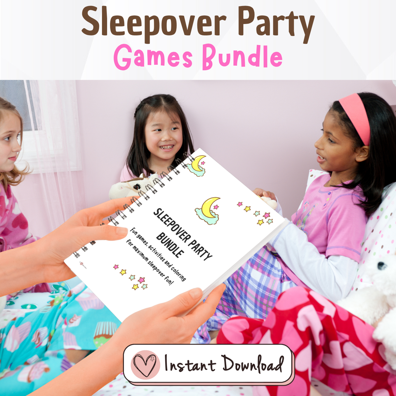 Mom passing the Bigheartlittlestar sleepover party games bundle to a bunch of excited girls enjoying a sleepover birthday party at home. 