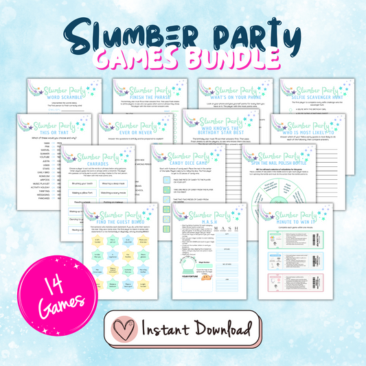 Slumber Party Games Bundle of 14 games for sleepover parties, slumber parties, teen girl birthday party, tween girl party, instant download, PDF printable games